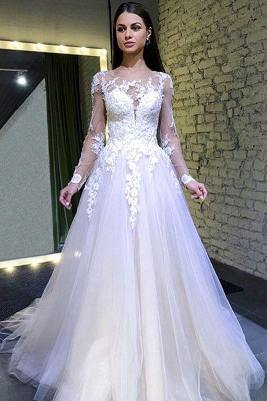 A Line Long Sleeves Round Neck Tulle Lace Appliques Wedding Dresses DMP73