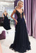 V-Neck Backless Evening Gown with Appliques Dark Navy Prom Dress DMH31