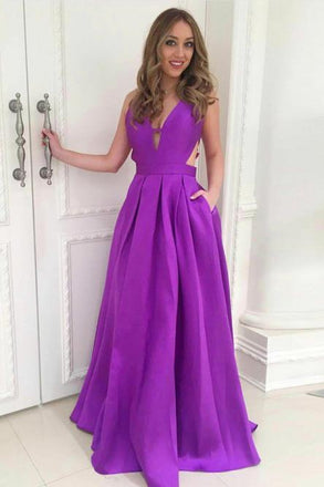 Simple A-Line Deep V-Neck Backless Long Purple Satin Prom Dress with Pockets DMJ34