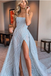 A-line Strapless Sky Blue Long Prom Dresses Unique Long Evening Dress DMS24