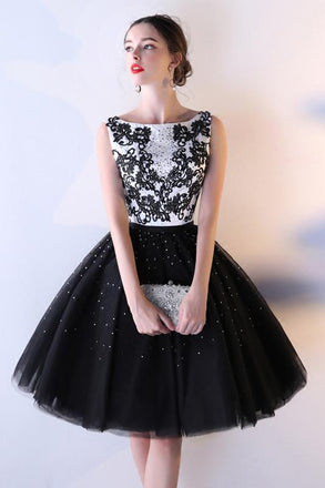 Black Tulle A Line Beading Short Bateau Homecoming Dresses With Lace Top OKC7