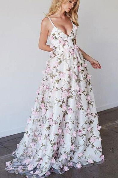 Princess A-line V-neck Straps Floral Lace Long Prom Dresses DMA82