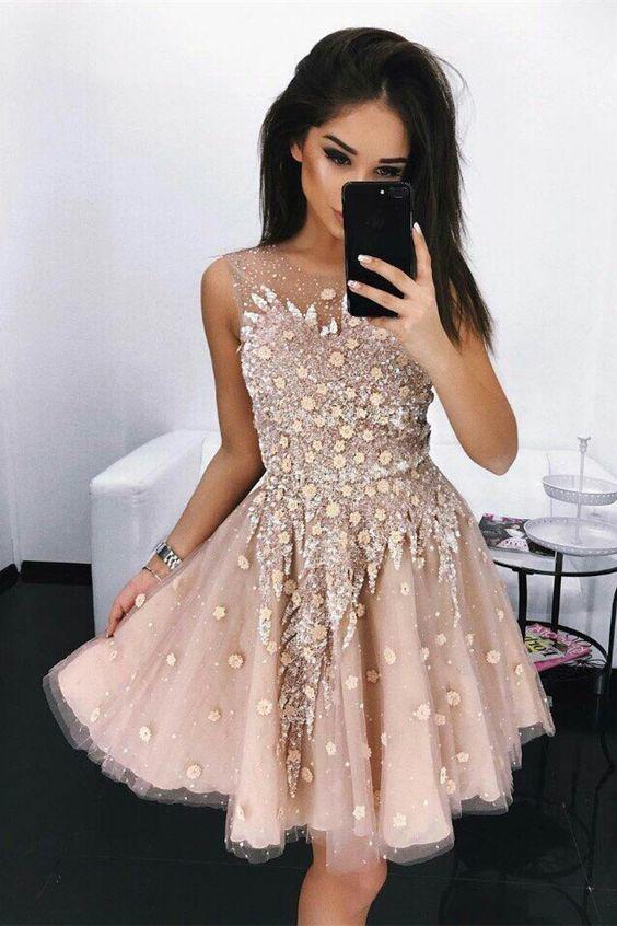 Modest A-Line Round Neck Short Tulle Homecoming Dress with Beading DMB36