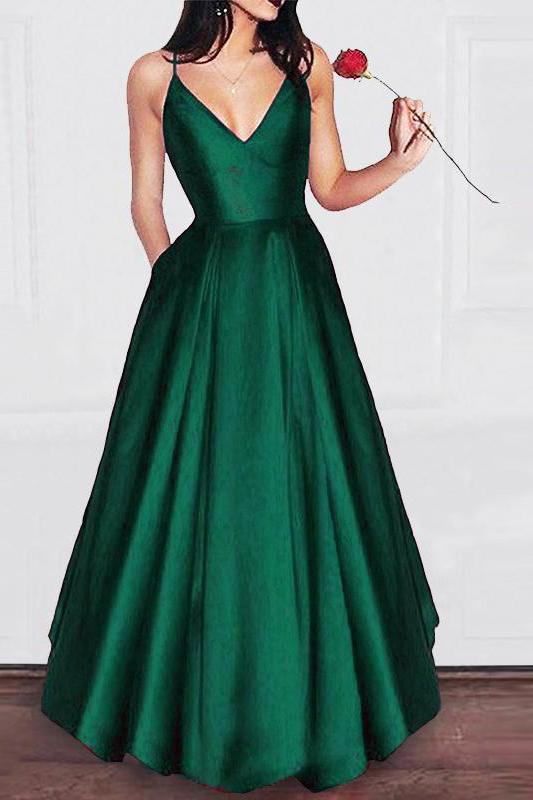 Charming A Line V Neck Satin Spaghetti Straps Long Prom Dress,Girls Graduation Dresses DMB29