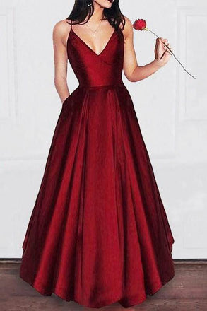 Charming A Line V Neck Satin Spaghetti Straps Long Prom Dress,Girls Graduation Dresses DMB29