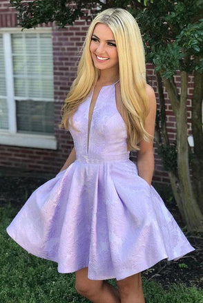 A-Line Above-Knee Lilac Satin Printed Homecoming Dress with Pockets DMM15