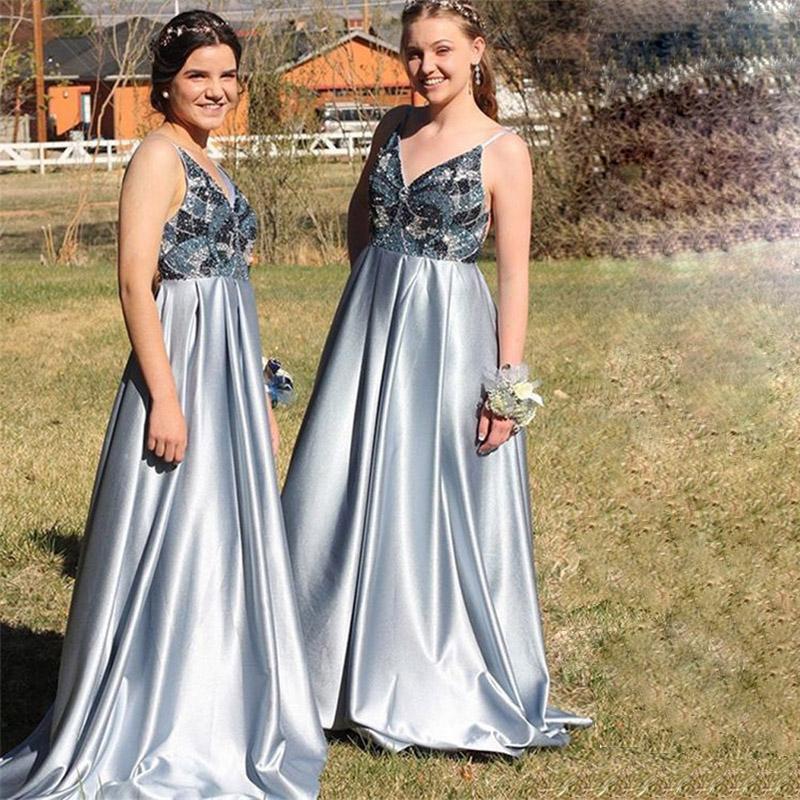 A-Line Spaghetti Straps Backless Blue Popular Prom Dress with Beading,Bridesmaid Dresses DMH53