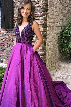 Purple A Line Beading V Neck Prom Gown With Pockets Cheap Formal Evening Dress DMI65