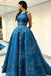 Unique Applique Formal A Line Blue Long Cheap Prom Dresses DMF96