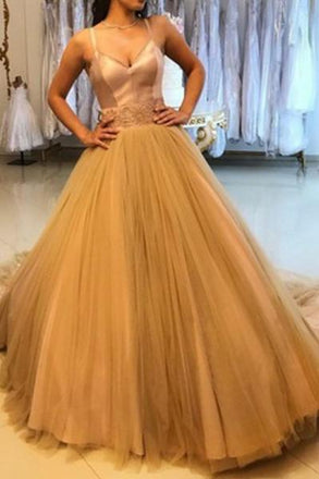 Pretty A-Line Spaghetti Straps Tulle Gold Long Prom Dresses DMH7
