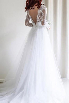 Simple A-line Long Sleeves White Tulle Lace Top Long Wedding Dresses DMA47
