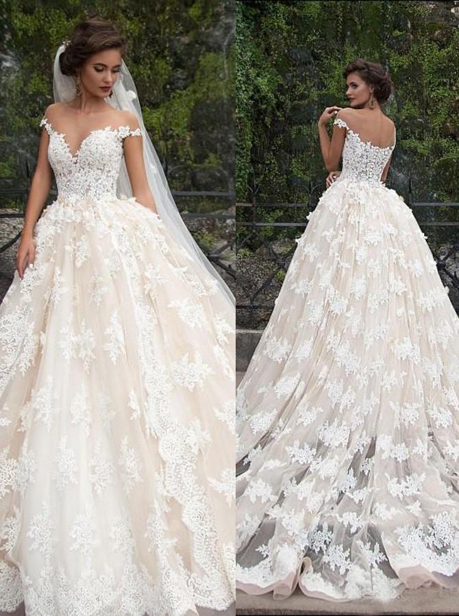 Romantic Jewel Cap Sleeves Ball Gown Wedding Dress with Lace Top DMB09