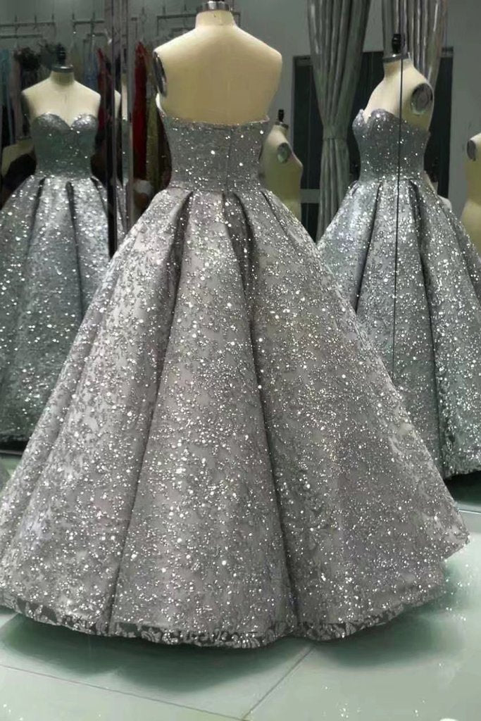 Sweetheart Gray Sleeveless Long Ball Gown Shiny Sequin Prom Dresses DM841