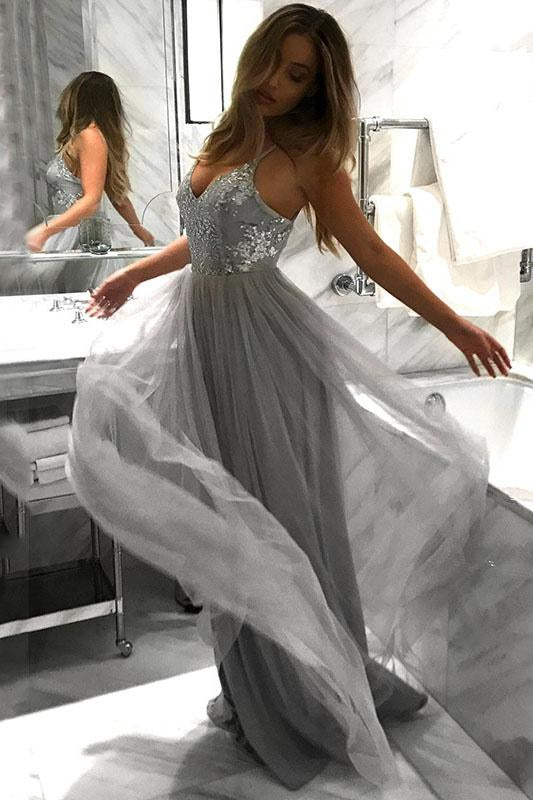 Charming Spaghetti Straps Grey A Line Tulle Long Prom Dress DMP69