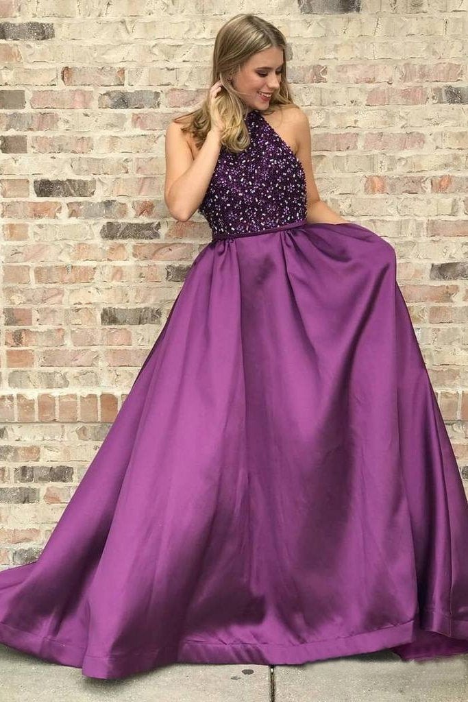 Halter Purple Long Satin Prom Dresses Beaded Junior Evening Gown 2019 DMI6