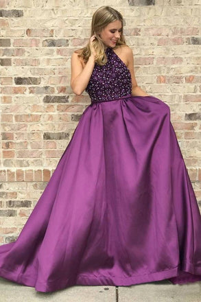 Halter Purple Long Satin Prom Dresses Beaded Junior Evening Gown 2019 DMI6