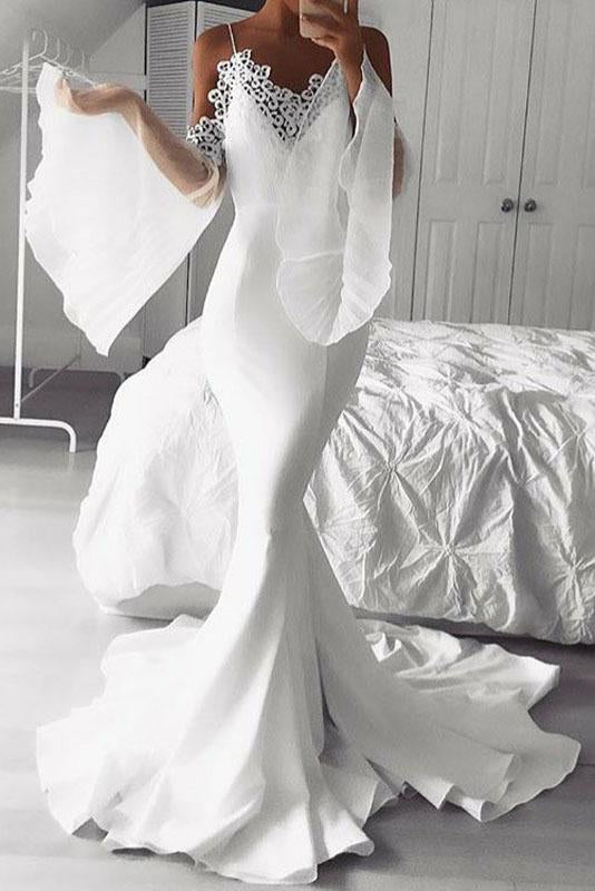 Mermaid Cold Shoulder Flare Sleeves White Prom Dress with Lace DMK68