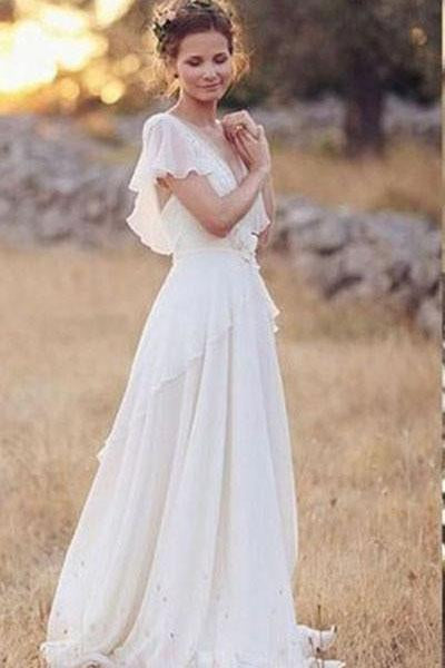 Charming A-Line Ivory  V-Neck Chiffon Wedding Dresses,Cheap Bridal Dress DMJ5