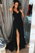 Simple A-Line Spaghetti Straps Floor Length Black Prom Dress with Split DMD96