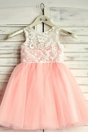 A-Line Round Neck Floor-Length Pink Flower Girl Dress with Lace DMP19