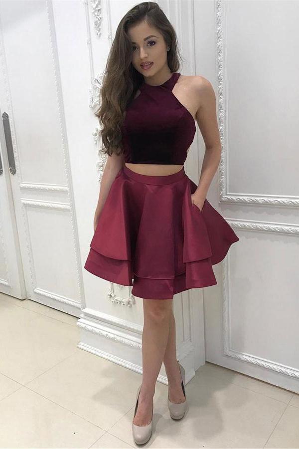 Cheap 2 Pieces Simple Short Burgundy Satin Homecoming Dresses For Teens DMD19