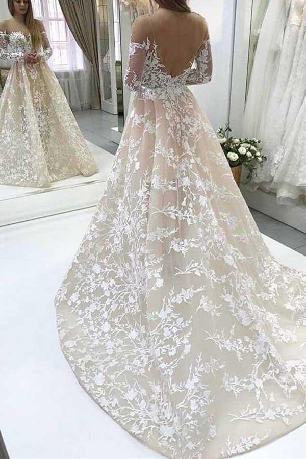Elegant A-Line Illusion Beteau Long Sleeves Ivory Lace Wedding Dress DMB60