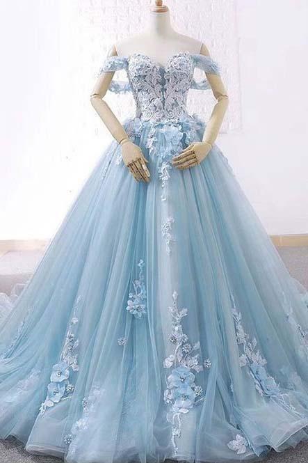 Light Blue Sweetheart Tulle Appliques Ball Gown Prom Dresses DME89