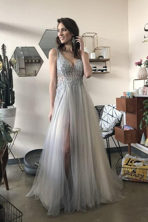 A-Line V Neck Long Grey Tulle Split Prom Party Dress with Sequins DMF70