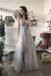 A-Line V Neck Long Grey Tulle Split Prom Party Dress with Sequins DMF70