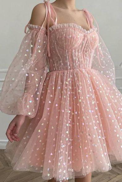 Cute A Line Sweetheart Long Sleeves Pink Short Homecoming Dress Sweet 16 Dresses DM1051