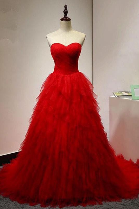 Chic Sweetheart A Line Zipper Back Red Ruffles Cheap Long Prom Dress DMG22