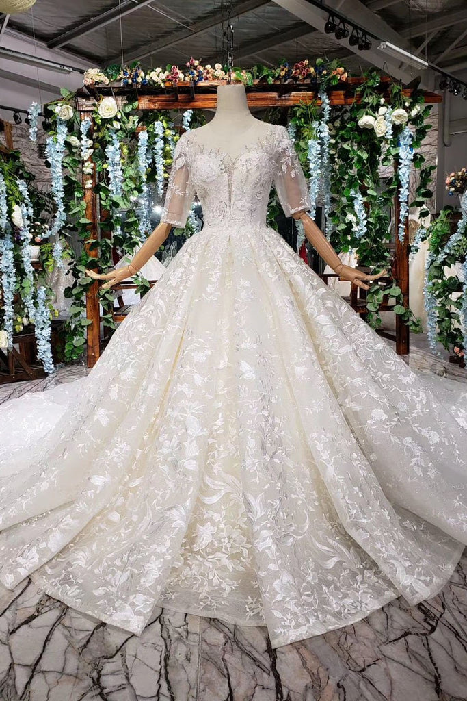Lace Half Sleeves Ball Gown Wedding Dresses, Fashion Beading Big Wedding Gown DMK3