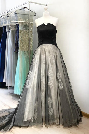 A Line Black Strapless Appliques Long Cheap Prom Dresses DMI48