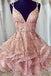 Chic Deep V-neck Pink Tiered Homecoming Dress with Beading Appliques DMO38