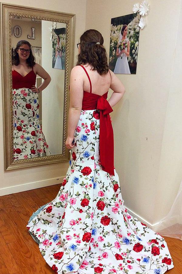 Mermaid Spaghetti Straps Floral Print Red Top Prom Dresses DMI84