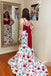 Mermaid Spaghetti Straps Floral Print Red Top Prom Dresses DMI84