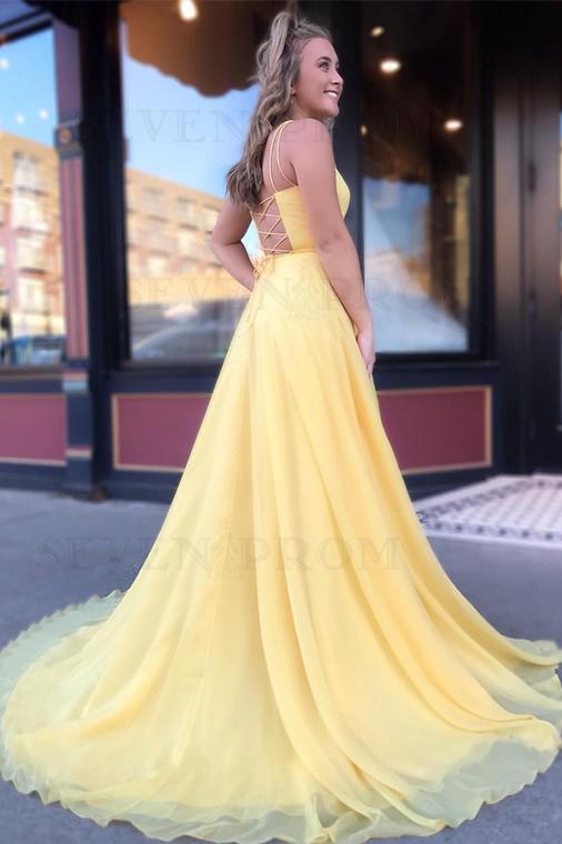Yellow Long Chiffon A Line Prom Dresses 2020 with Lace Up Back DMS51