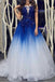 Elegant Royal Blue White Ombre Long Prom Dresses with Appliques for Teens DMH18