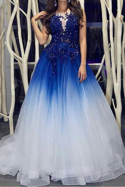 Elegant Royal Blue White Ombre Long Prom Dresses with Appliques for Teens  OKH18 – Demodresses