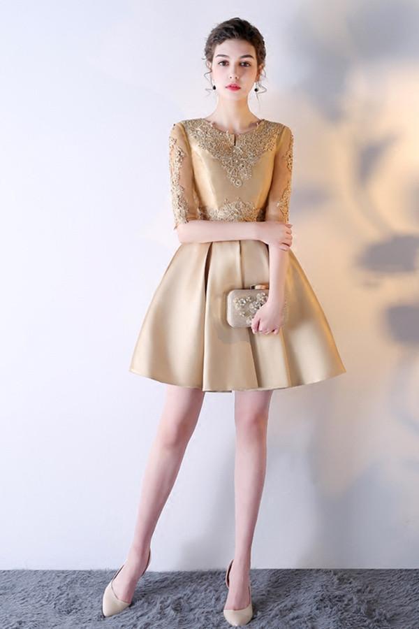 A-Line Solid Color Half Sleeve Homecoming Dress Short Prom Dress With Appliques DM383