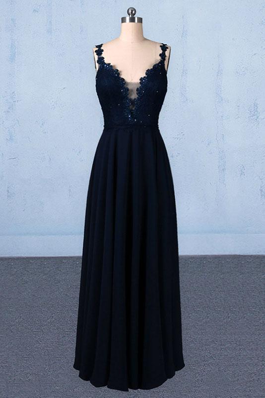 Navy Blue Chiffon V Neck A Line Long Prom Dresses With Lace Top DMQ21