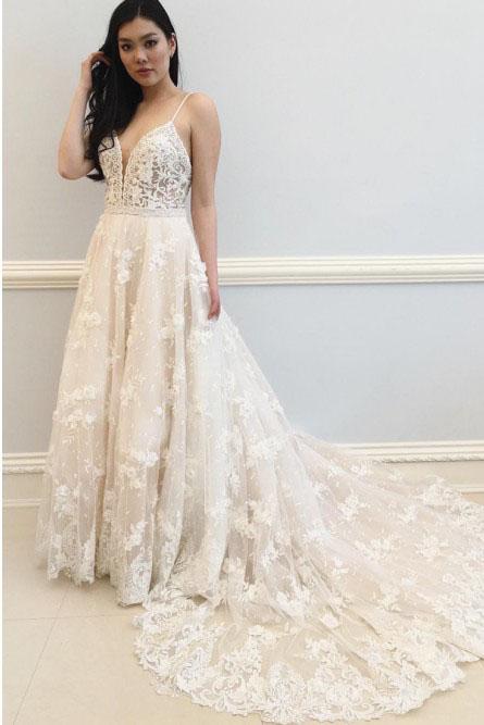 A-Line Spaghetti Straps Off White Wedding Dress with Appliques DMK39