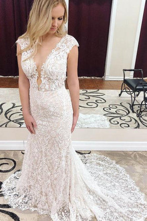 Mermaid Deep V-Neck Cap Sleeves Lace Elegant Wedding Dress DMK41