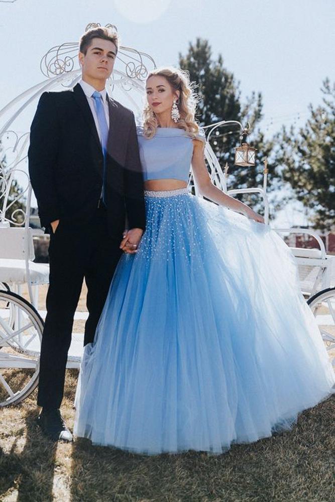 Stunning A Line Off the Shoulder Two Piece Sky Blue Tulle Prom Dresses DMH72