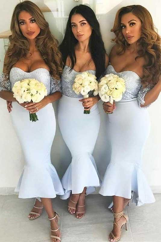 Off Shoulder Short Sleeve Mermaid Bridesmaid Dresses With Lace DMB59