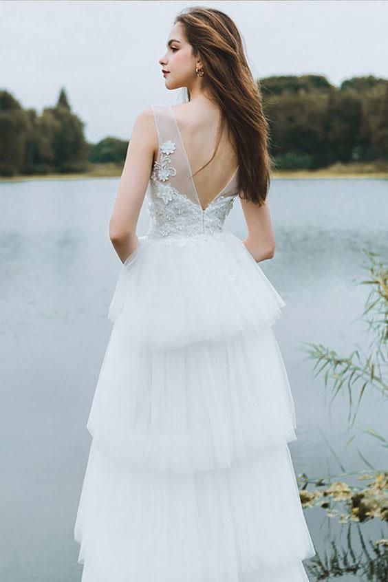 Unique Tiered Tulle Low Back V Beck Boho Beach Wedding Dress With Lace Appliques DMG8