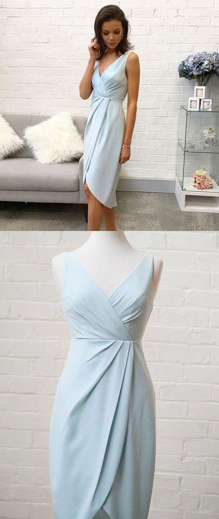 Elegant V Neck Sleeveless Light Blue Short Homecoming Dress,Cocktail Dresses DMC43
