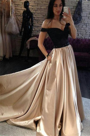 Off Shoulder A-line Satin Black Top Long Cheap Prom Dresses DMG38